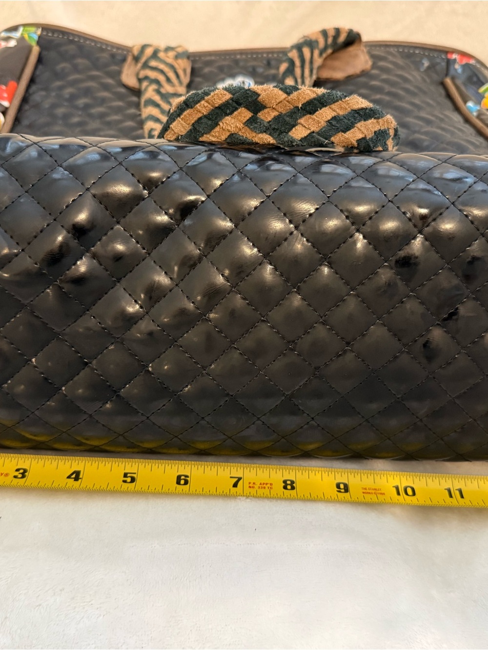 Consuela Vintage Black Tote with Bright Floral interior & sides, inside pocket - Picture 7 of 12